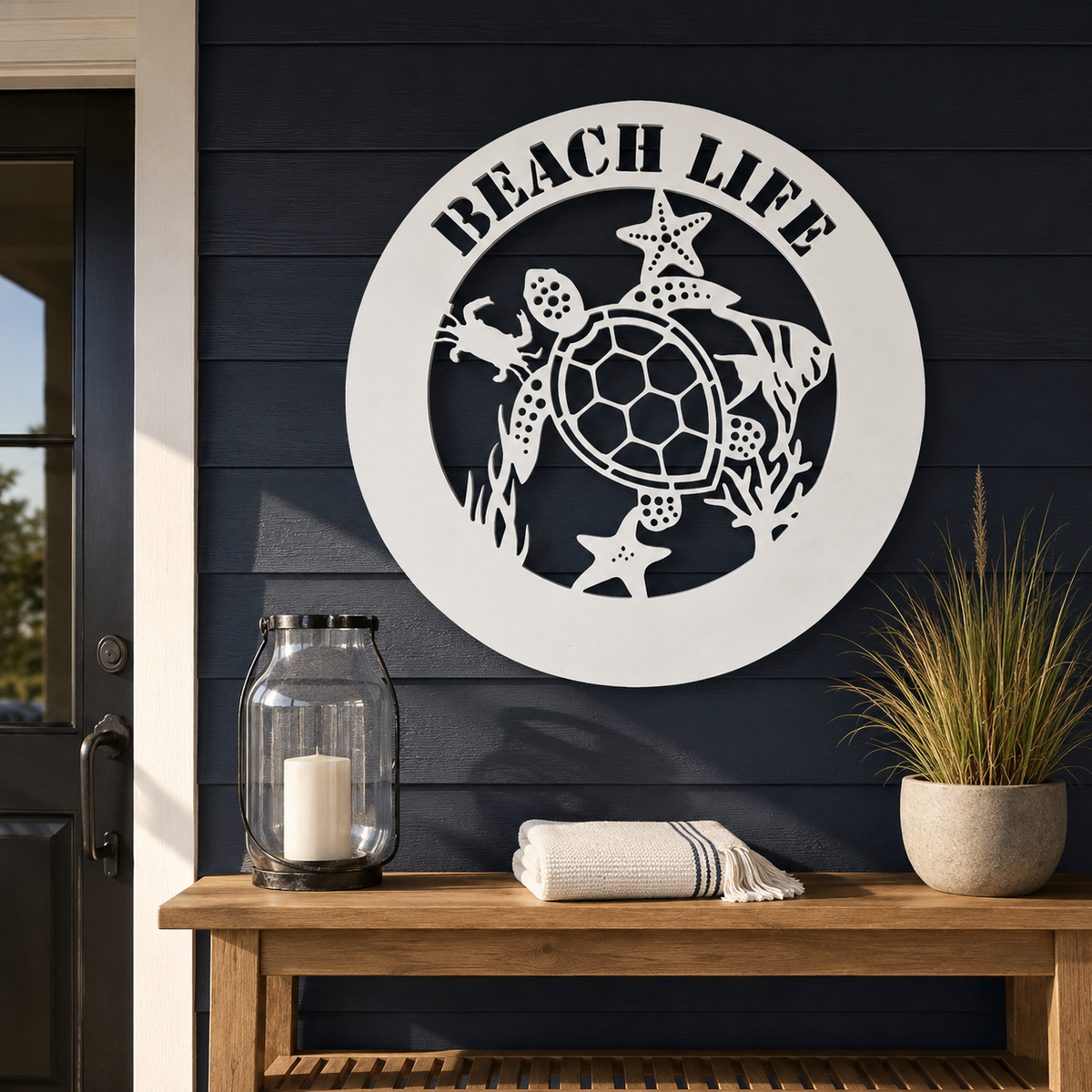 Sea Turtle Round Sign | Starfish Crab Coral | Coastal PVC Beach House Decor