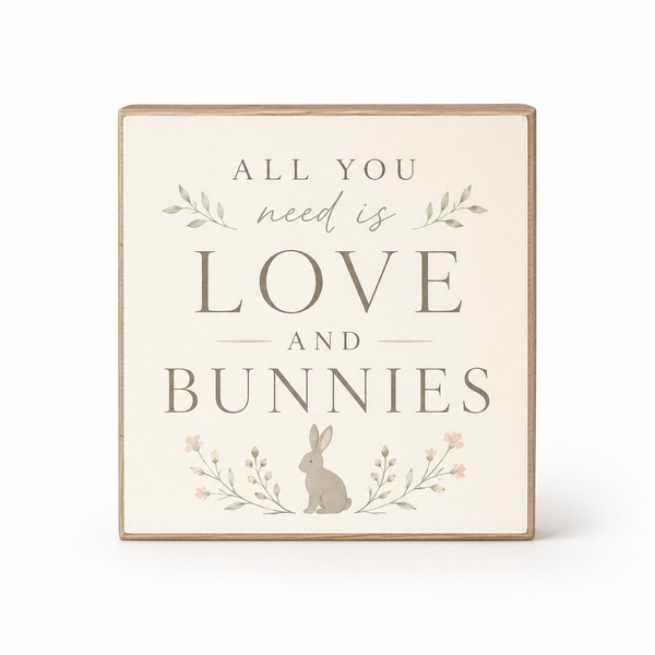 A square decorative wooden sign with a light beige face and natural wood border, featuring the phrase 'ALL YOU need is LOVE AND BUNNIES' in gray lettering, with a small bunny and floral illustrations.