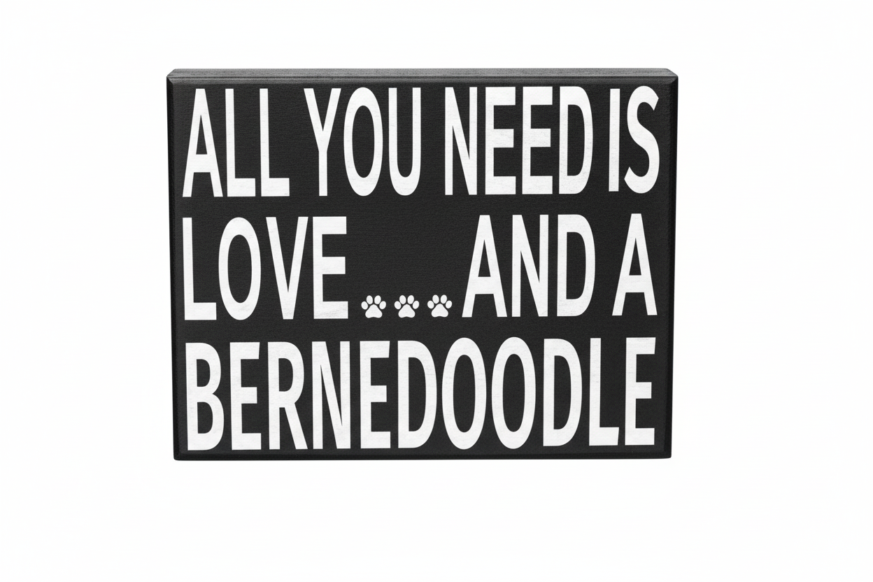 Decorative sign with text 'All you need is love... and a Bernedoodle' on a white background