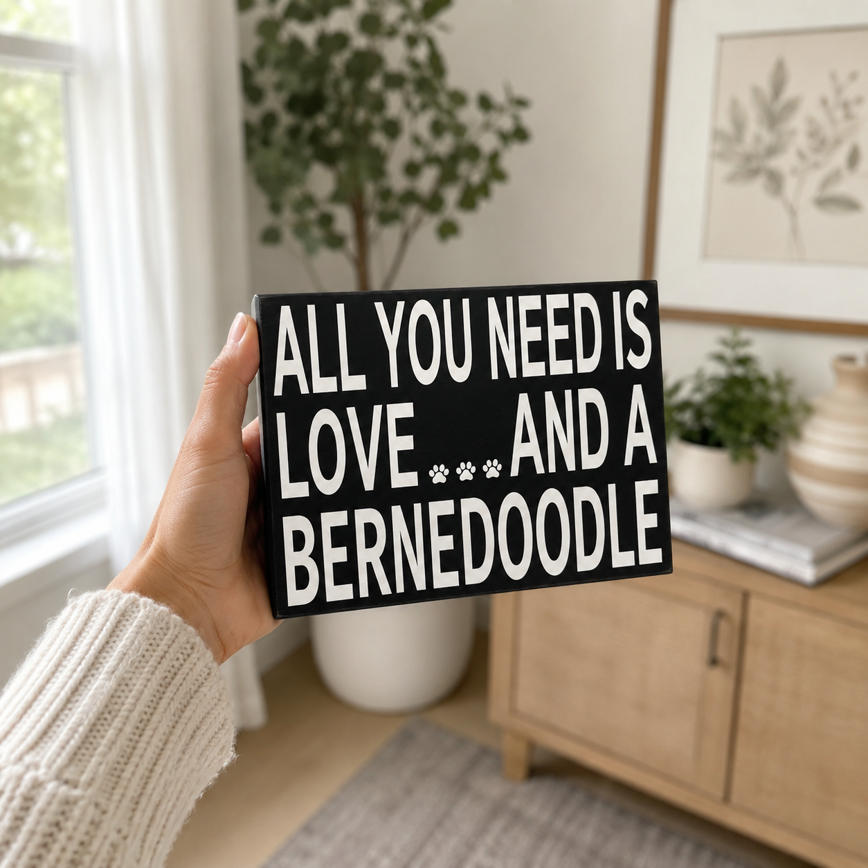 A hand in a cream knit sweater holds a black rectangular sign with bold white text that reads 'ALL YOU NEED IS LOVE.