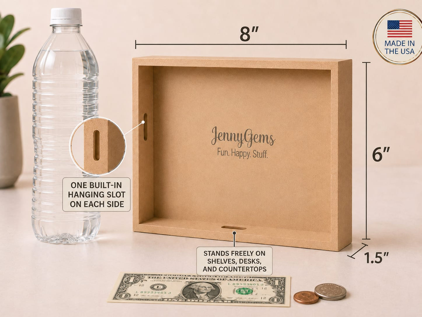A kraft wood hanging money box shown on a beige tabletop with dimension callouts: 8 inches wide, 6 inches tall, and 1.5 inches deep.
