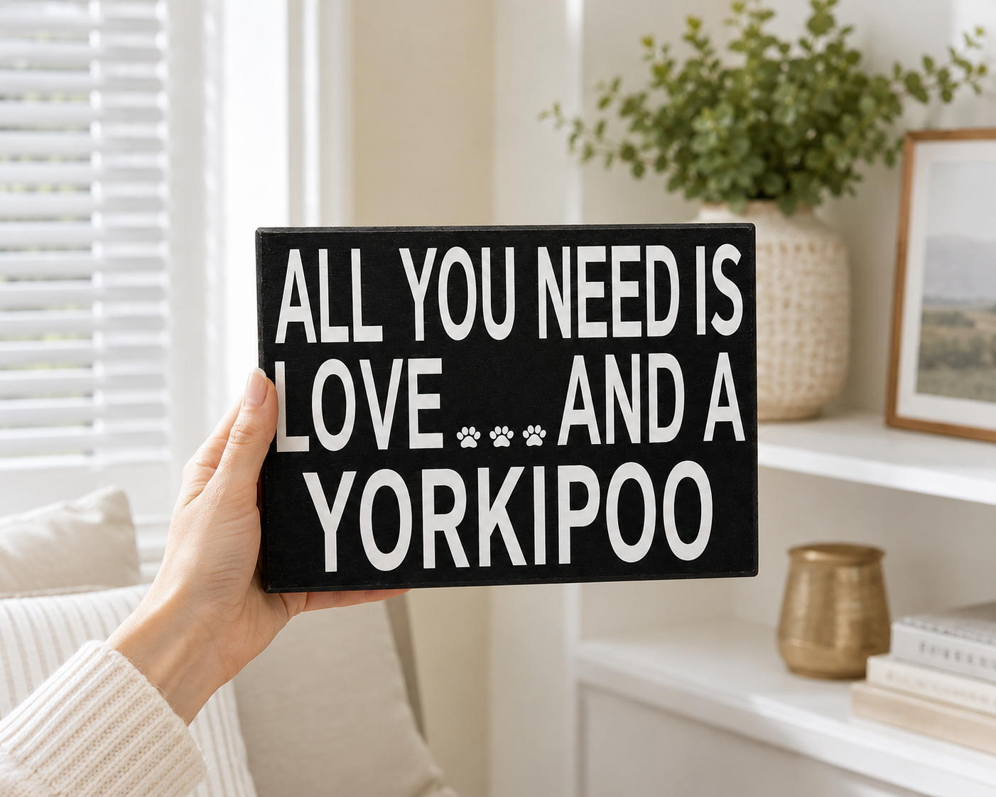 A hand holds a black rectangular sign with white text that reads 'ALL YOU NEED IS LOVE.