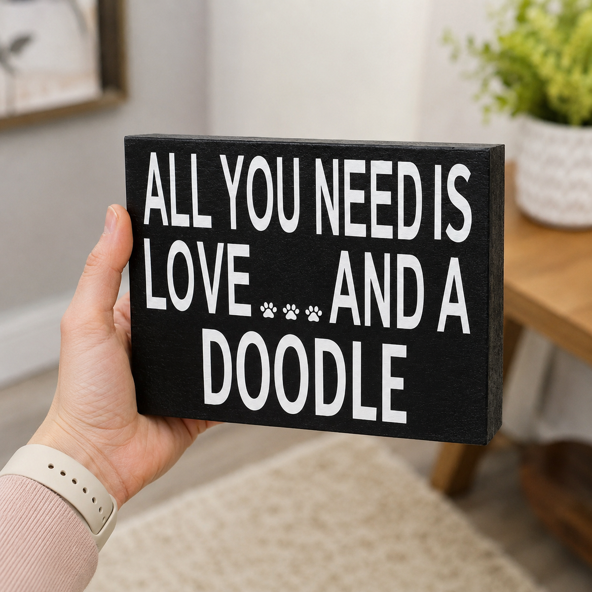 A hand holds a rectangular black wooden sign with bold white text reading 'ALL YOU NEED IS LOVE.