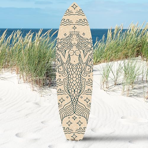 Outdoor Mermaid Surfboard Wall Art – Weatherproof PVC – Coastal Mermaid Sign for Beach House or Pool Area –Sand 4ft