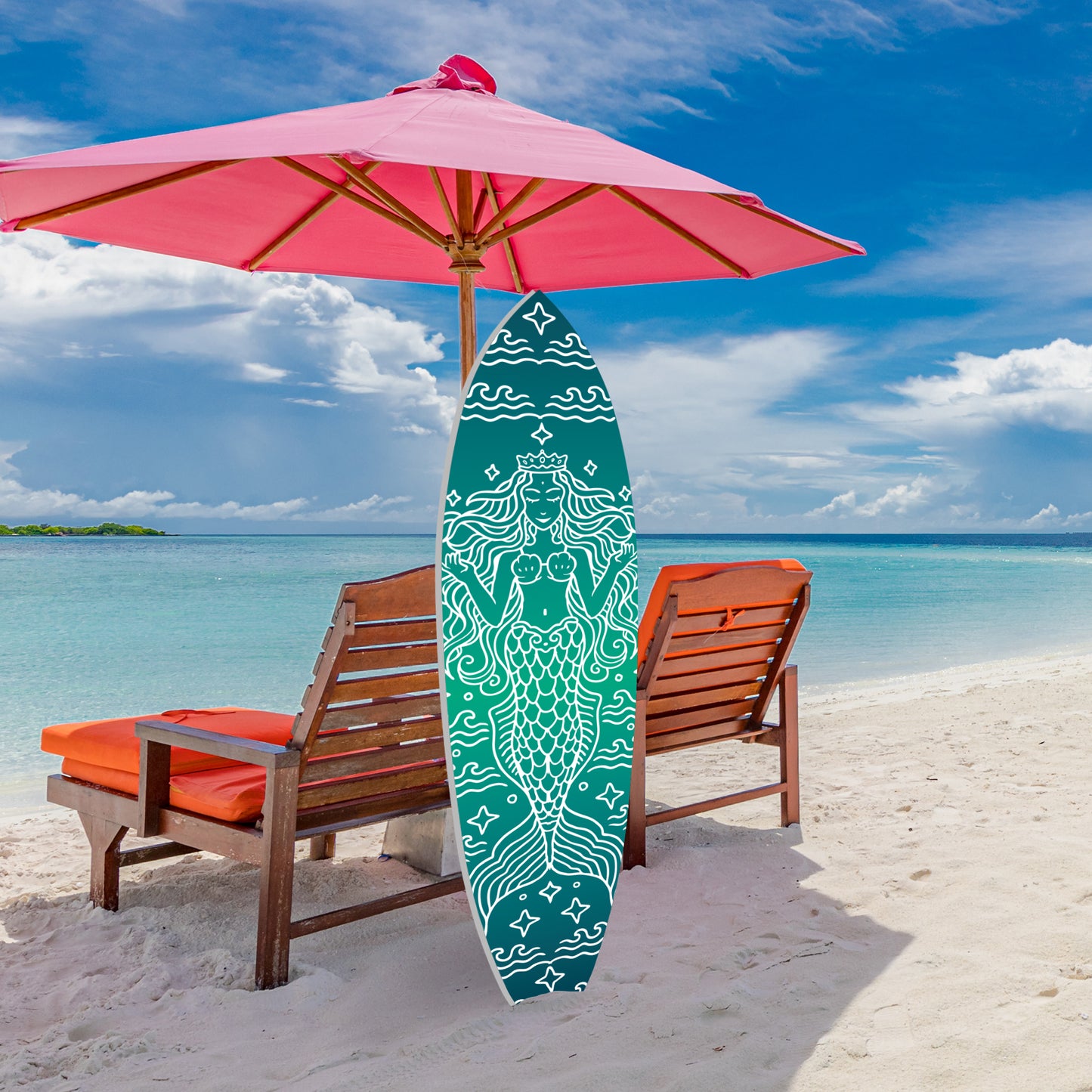 Outdoor Mermaid Surfboard Wall Art – Weatherproof PVC – Coastal Mermaid Sign for Beach House or Pool Area – Nautical Ocean Accent, Green 4ft