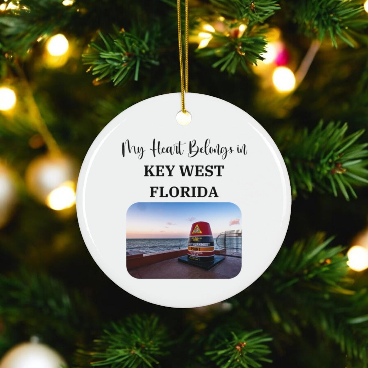 My Heart Belongs in Key West Ceramic Ornament, Iconic Marker Photo, Florida Souvenir, Key West Christmas Decoration, Vacation Memory Gift