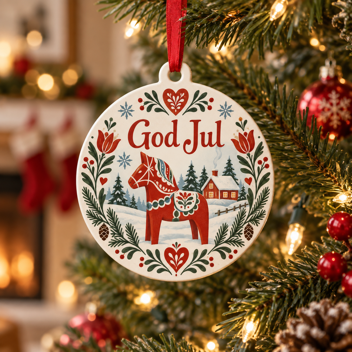 God Jul Dala Horse Christmas Ornament – Swedish Scandinavian Holiday Tree Decor
