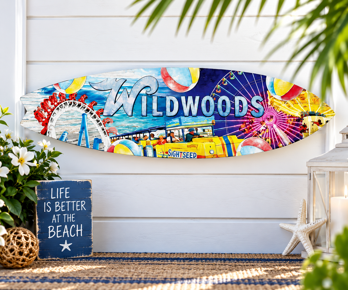 Wildwoods NJ Surfboard Wall Art, Boardwalk Beach Decor, PVC Sign, 1-5 FT