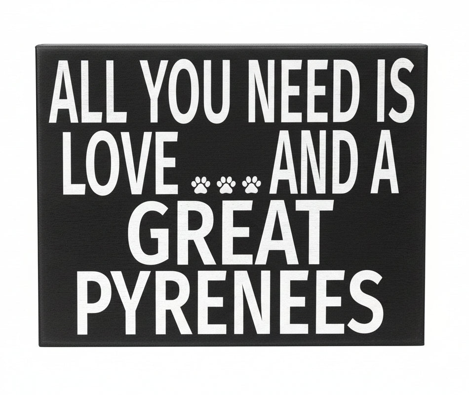 Black sign with white text 'All you need is love and a great Pyrenees' on a white background