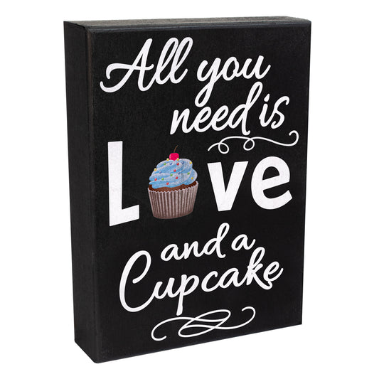 JennyGems All You Need Is Love and a Cupcake Sign, 6x8 Inches Wood Box Sign, Cupcake Gifts and Decor, Cupcake Themed Decor, Bakery Signs, American Made