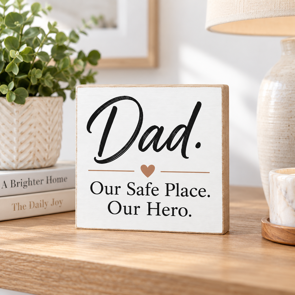 A square white decorative wooden sign with a natural wood edge, featuring the text 'Dad. Our Safe Place.