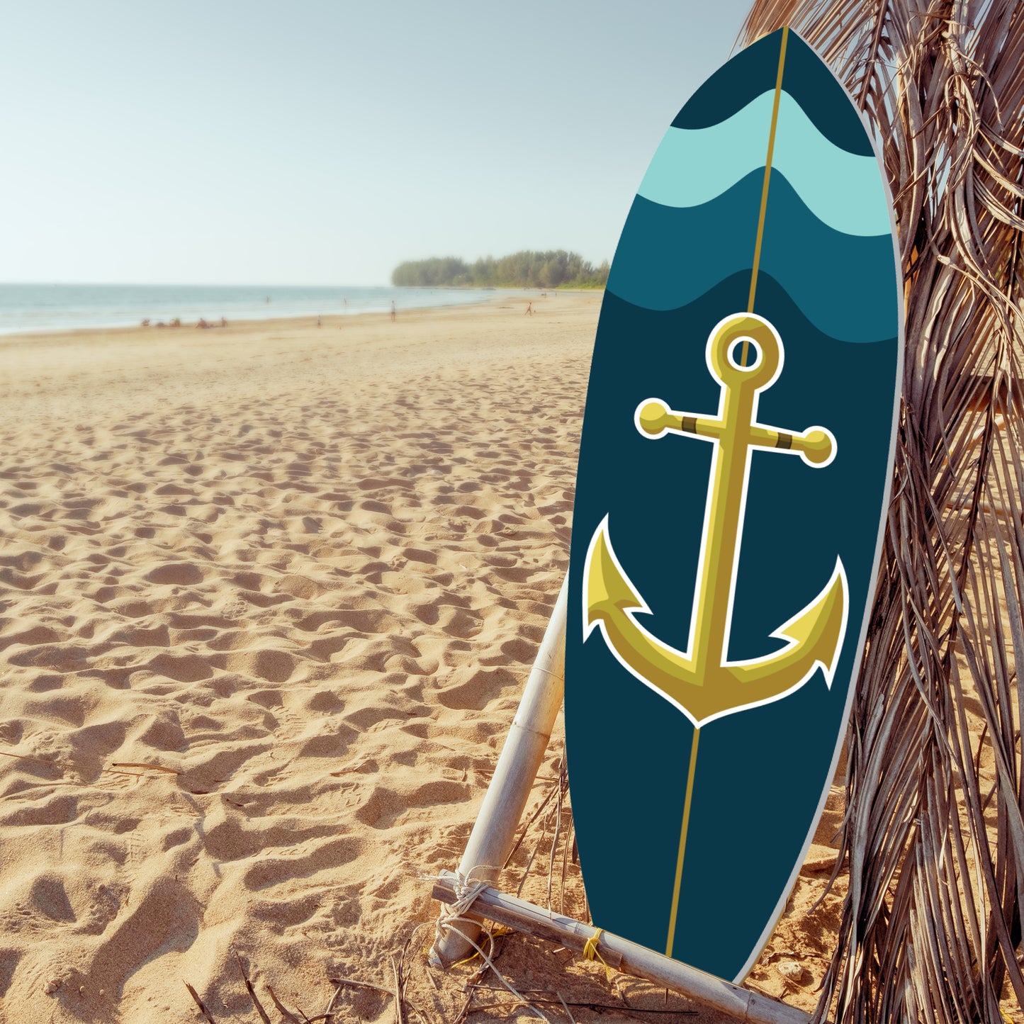 Outdoor Nautical Anchor Surfboard Wall Art, Navy Blue and Teal, Indoor Outdoor Weather Resistant PVC, 4 Foot