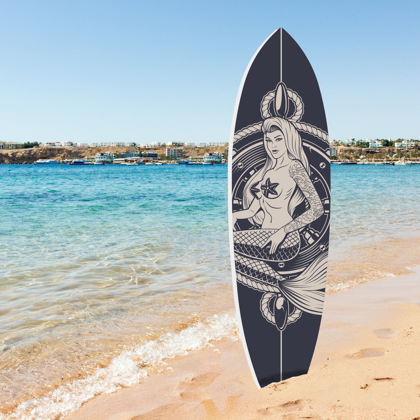 Outdoor Mermaid Surfboard Wall Art – Weatherproof PVC – Coastal Mermaid Sign for Beach House or Pool Area – Nautical Decor, 5 Foot