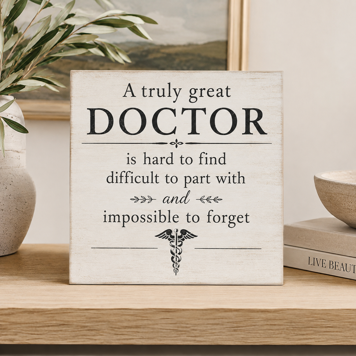 A square white wooden sign with black text reading 'A truly great DOCTOR is hard to find difficult to part with and impossible to forget' with a small caduceus symbol at the bottom, displayed on a wooden shelf in a styled home setting.