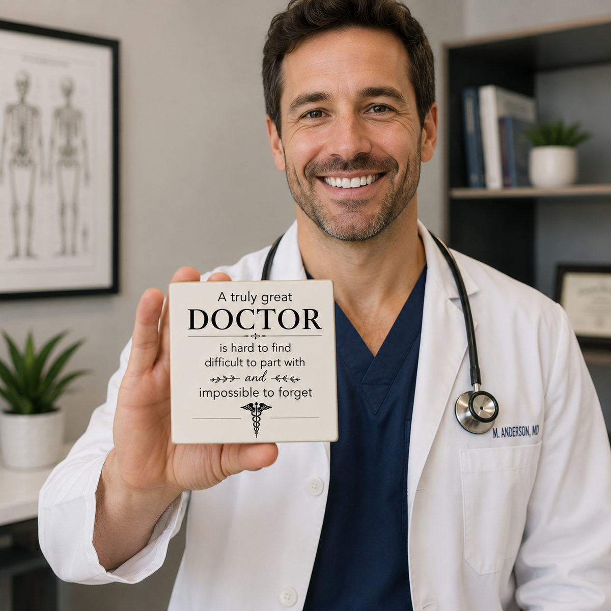 A smiling male doctor in a white lab coat and navy scrub top holds up a small square white plaque with printed text reading 'A truly great DOCTOR is hard to find difficult to part with .