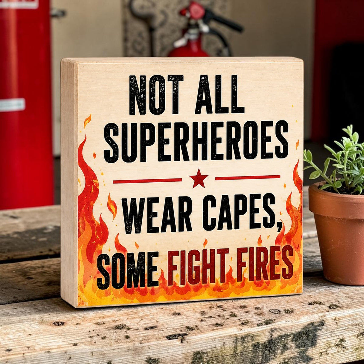 Wooden sign with motivational quote about firefighters on a rustic wooden surface.