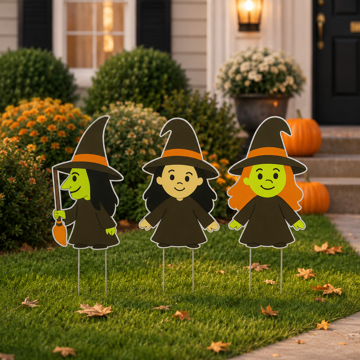 Set of 3 Halloween Witch Yard Stakes – 12” PVC Lawn Decorations, Cute Witches
