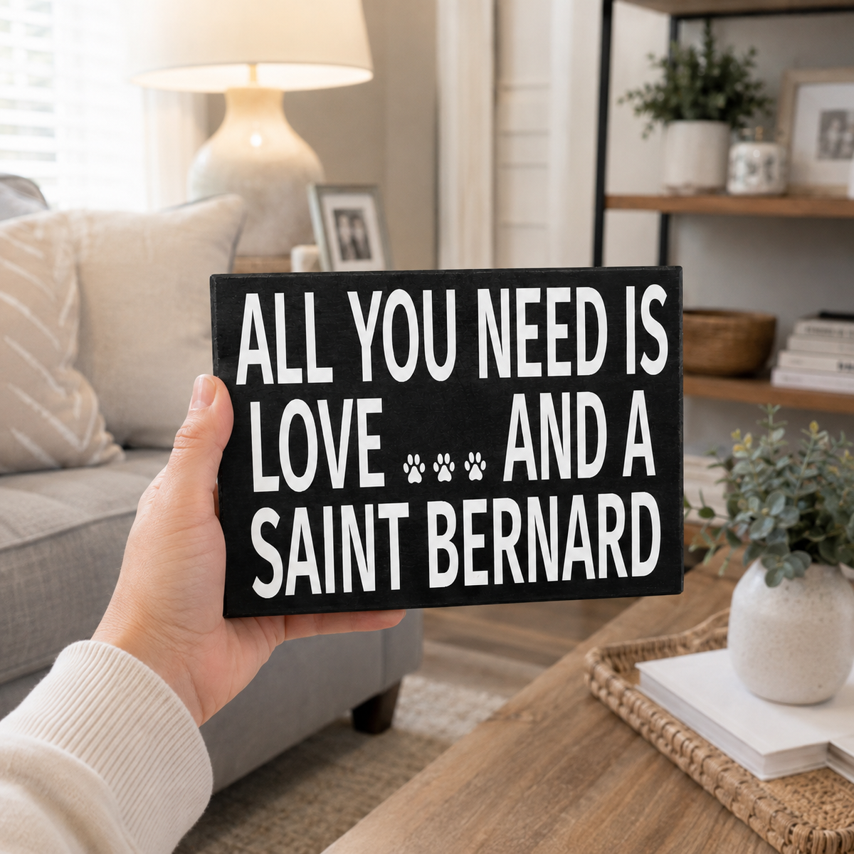 A hand holds a black rectangular sign with white text reading 'ALL YOU NEED IS LOVE AND A SAINT BERNARD' in a cozy living room setting.