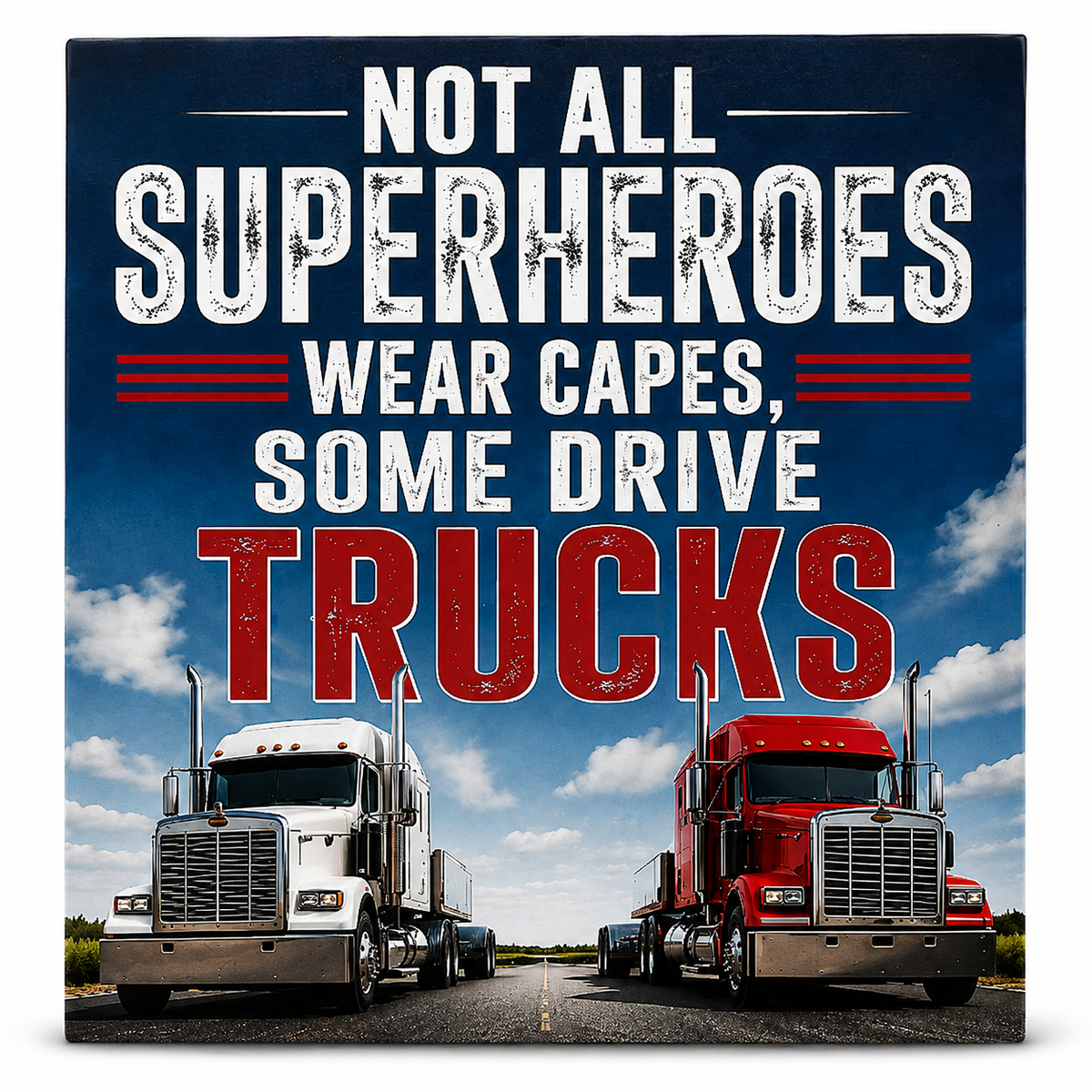 Square wall art print featuring a humorous trucking quote: 'NOT ALL SUPERHEROES WEAR CAPES, SOME DRIVE TRUCKS' in distressed white and red lettering over a blue sky background with two semi-trucks on a road.
