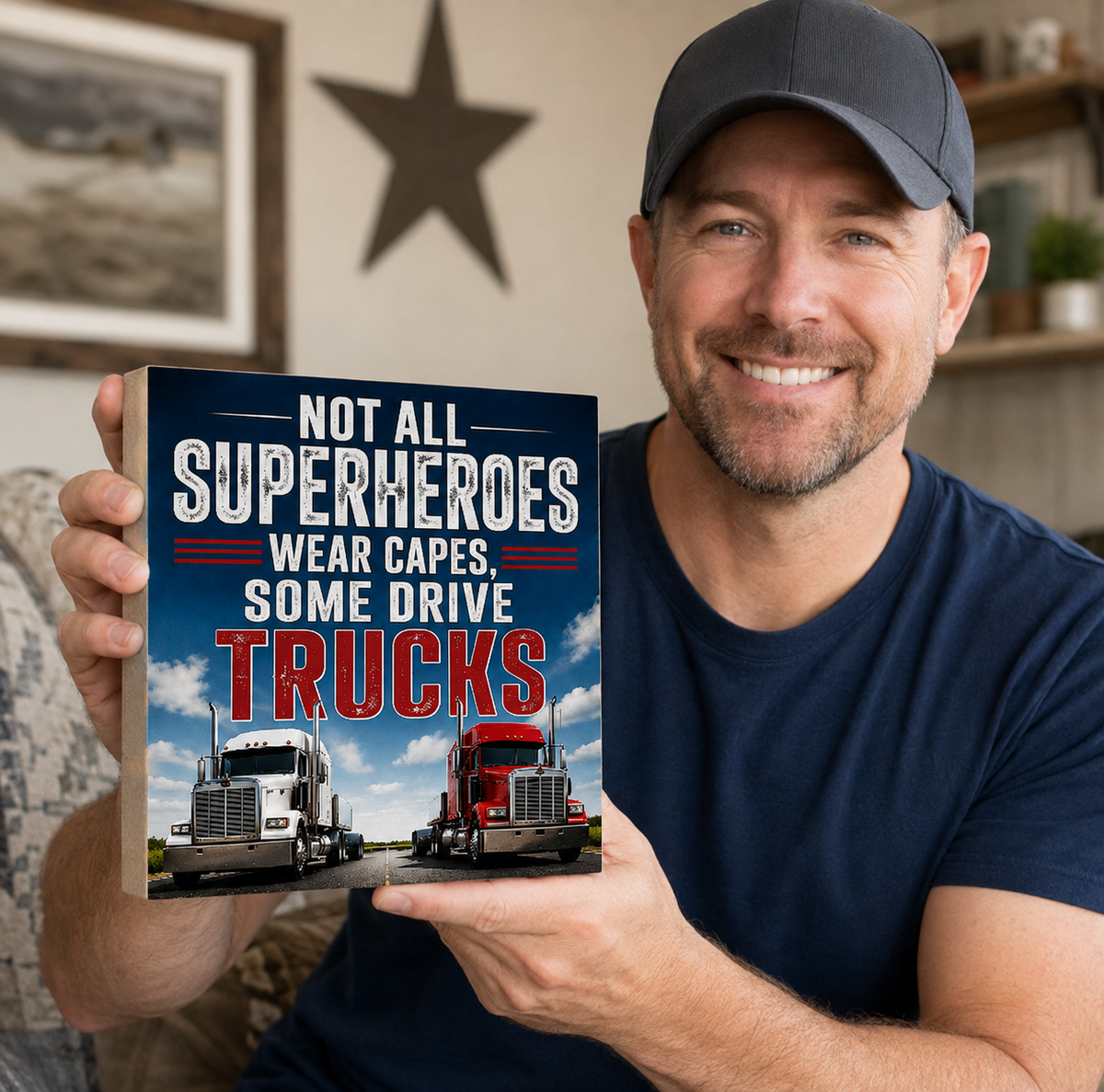 A smiling man in a navy blue t-shirt and dark cap holds up a printed book or poster with the text 'NOT ALL SUPERHEROES WEAR CAPES, SOME DRIVE TRUCKS' and photos of two semi-trucks. The background shows a home interior with a star on the wall.