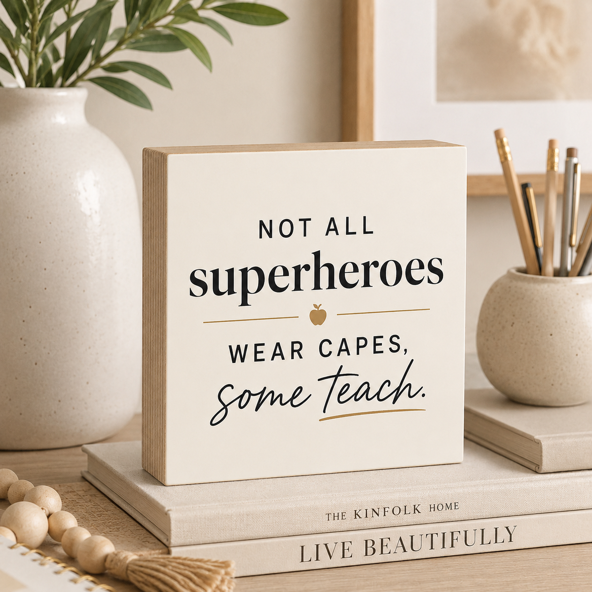 A square cream-colored decorative sign with black text reading 'NOT ALL superheroes WEAR CAPES, some TEACH.' and a small gold apple icon, styled on books in a warm home interior with a vase and pencil holder in the background.