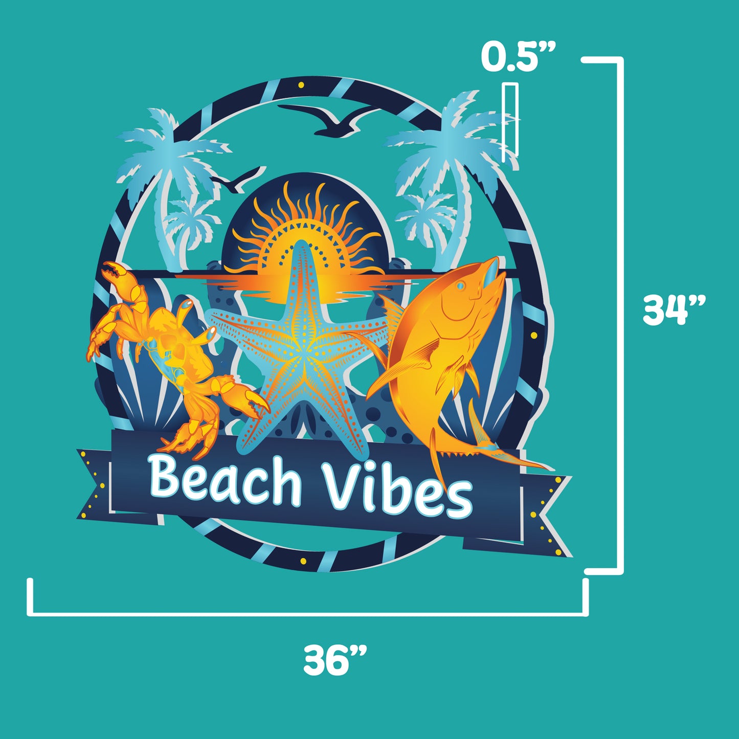 Beach Vibes Outdoor Wall Art – Round PVC Sign with Palm Trees & Ocean Animals - 3 Foot