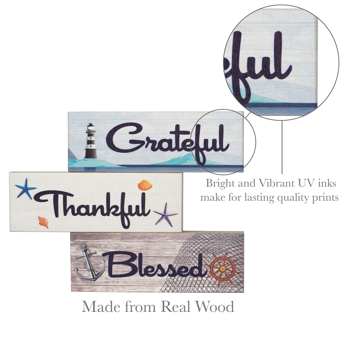 JennyGems Coastal Farmhouse Thankful Grateful Blessed Signs, Tiered Tray Decor 3 Mini Wood Block Signs, Beach House Decor, Beach Signs, Inspirational Quotes Friendship Gifts, Farmhouse Home Decor