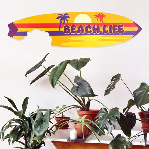 Outdoor Beach Life Surfboard Wall Art with Shark Bite, Nautical Beach Decor, Surfboard Sign Outside Inside, Weather Resistant, 5 Foot