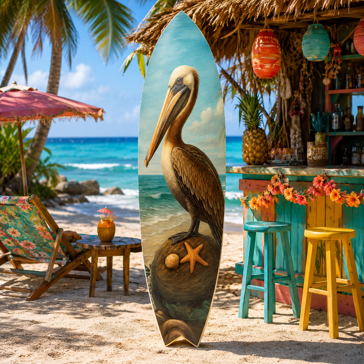Pelican Surfboard Wall Art, Coastal Bird Decor, Beach House Sign