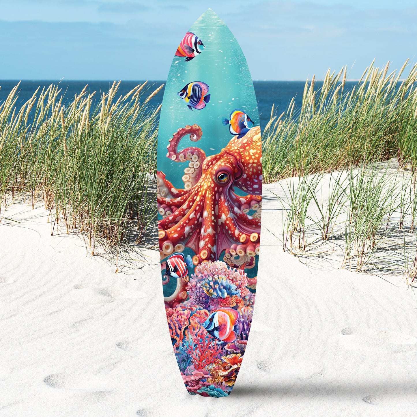 Outdoor Octopus Surfboard Wall Art, Octopus Wall Hanging, Weather Resistant PVC, 5 Foot