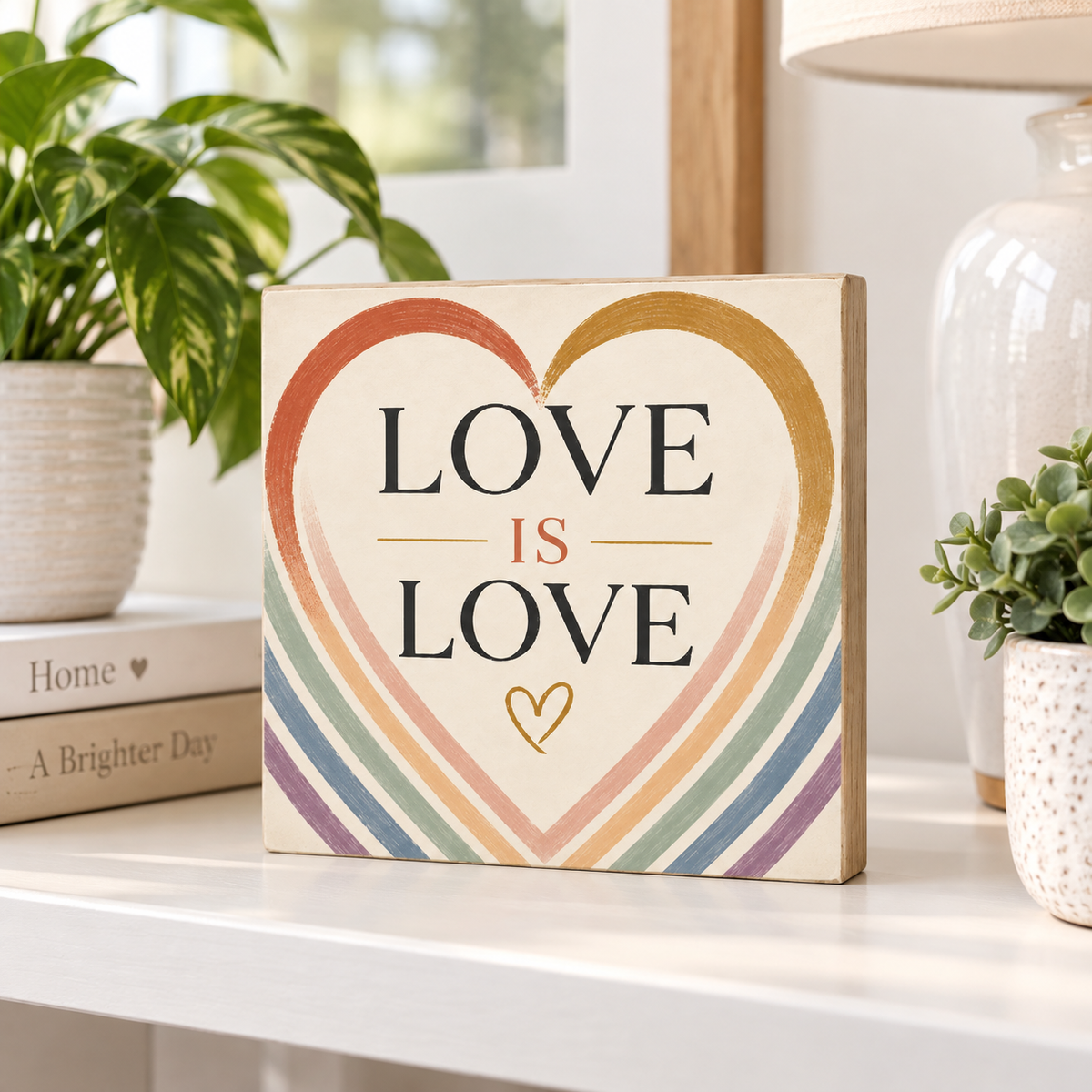 A square decorative wooden sign with the phrase “LOVE IS LOVE” in black serif letters, framed by a large multicolor heart and rainbow stripes. The sign is displayed on a white shelf in a bright, styled home interior with potted plants and a lamp.