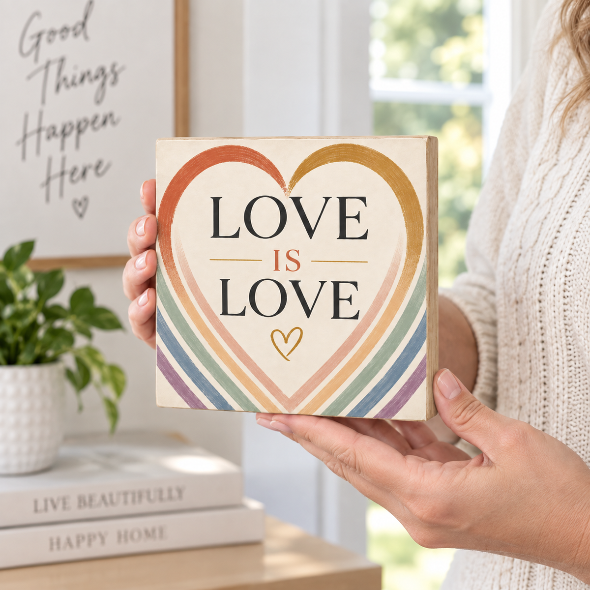 A person in a cream knit sweater holds a square decorative sign that reads “LOVE IS LOVE” inside a large heart outline with rainbow stripes. The scene is a bright indoor setting with a plant, books, and a framed sign in the background.