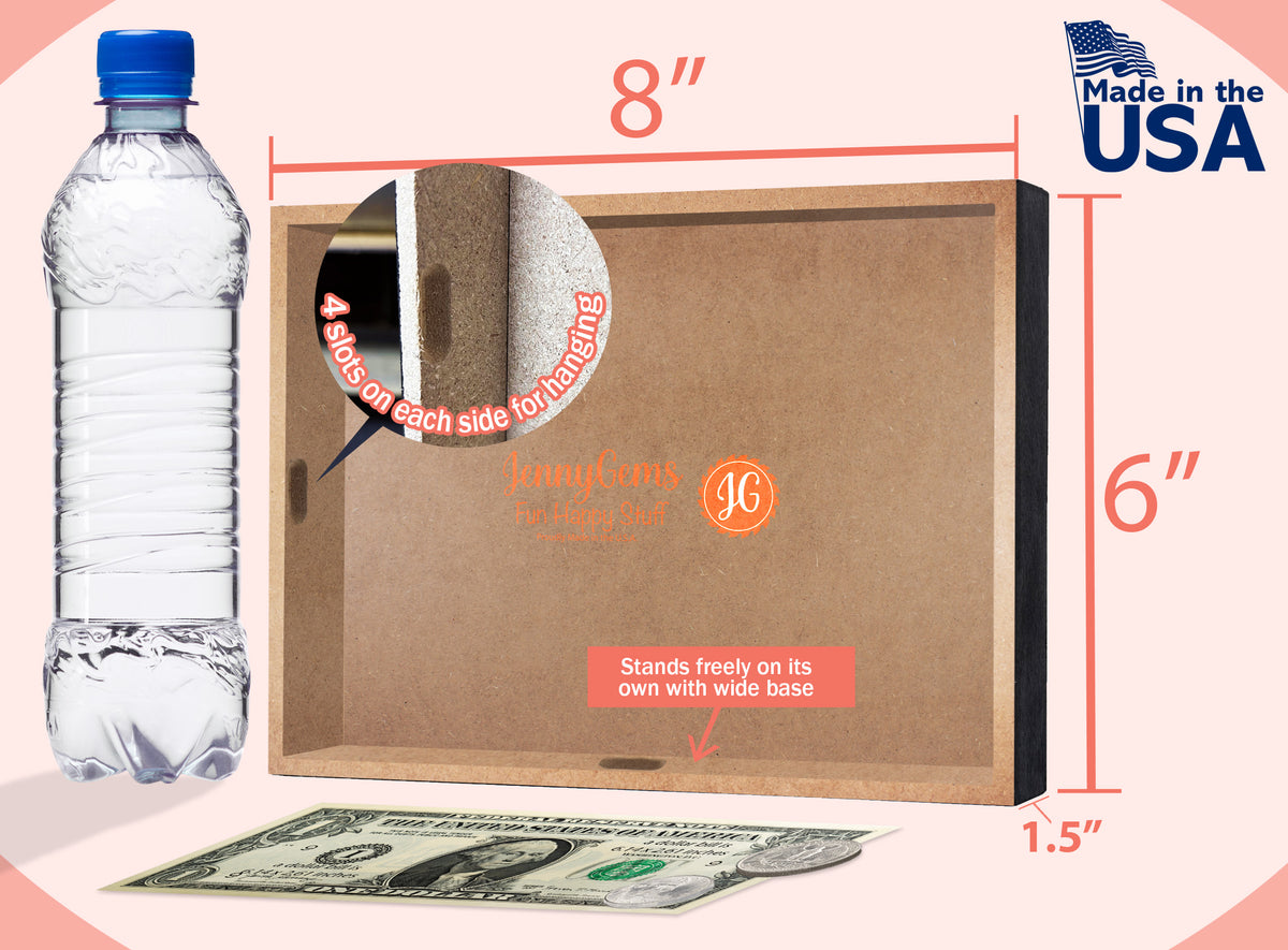 Brown box with dimensions, water bottle, and dollar bill for scale on a pink background.