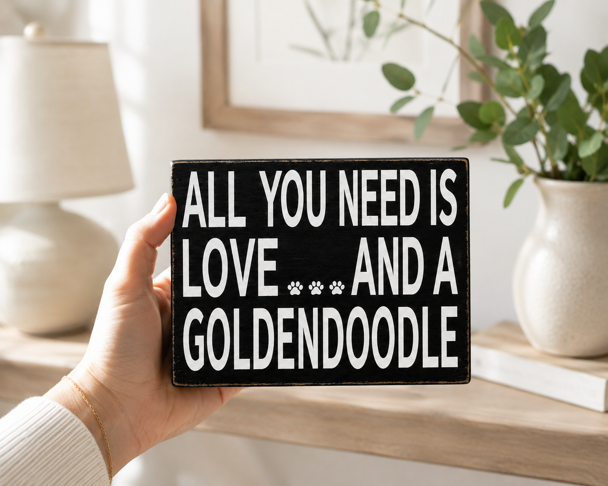 A hand holds a rectangular black sign with white text reading 'ALL YOU NEED IS LOVE.