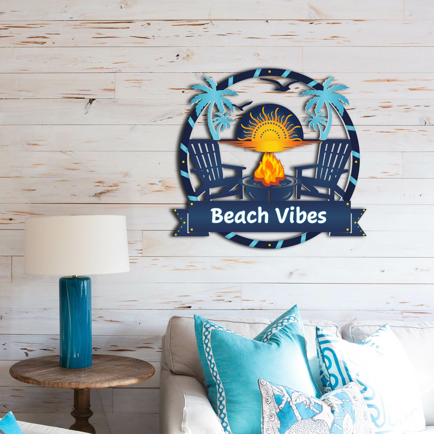 Outdoor Beach Vibes Sign, Premium PVC Beach House Decor with Fire Pit, Weatherproof Coastal Wall Art, 3 Foot