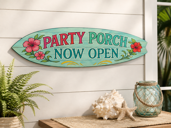 Party Porch Now Open Surfboard Sign, Tropical Hibiscus PVC Decor, 1-5 FT
