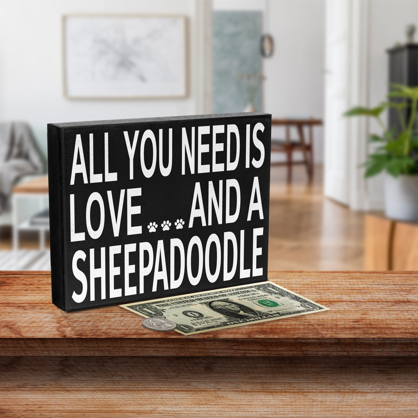 JennyGems Sheepadoodle Gifts, All You Need Is Love and a Sheepadoodle Wooden Sign, Sheepadoodle Dog Mom, Shelf Decor and Wall Hanging, Made in USA