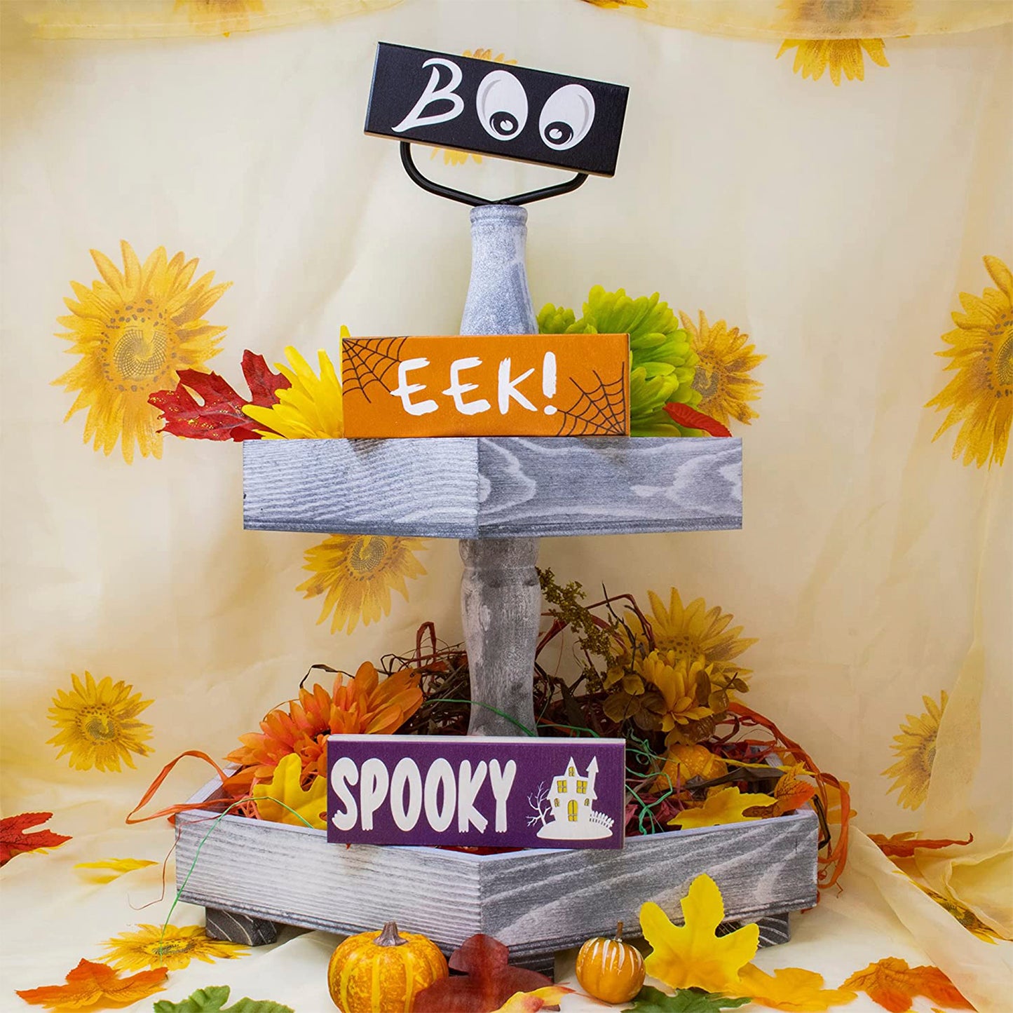 JennyGems Halloween Decorations, Boo Eek Spooky Mini Wooden Block Signs, Halloween Tiered Tray Decor, Halloween Party Decorations, Made in USA