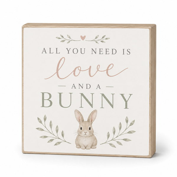 A square decorative wooden sign with a light beige wood border and a cream face. The sign features the text 'ALL YOU NEED IS love AND A BUNNY' with a small bunny illustration and leafy accents, shown on a clean white background.