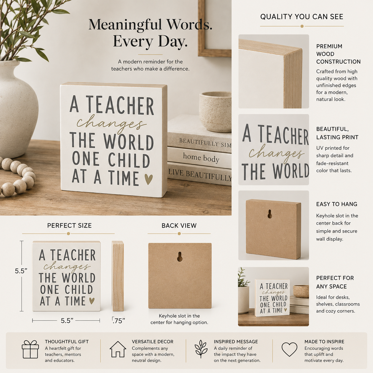 A wooden keyhole-shaped wall sign with the phrase 'A TEACHER changes the WORLD ONE CHILD AT A TIME' shown in multiple views on a beige infographic background. The image includes front, back, and hanging-hole views, along with text describing premium wood construction, UV printing, and suitability for classrooms or desks.