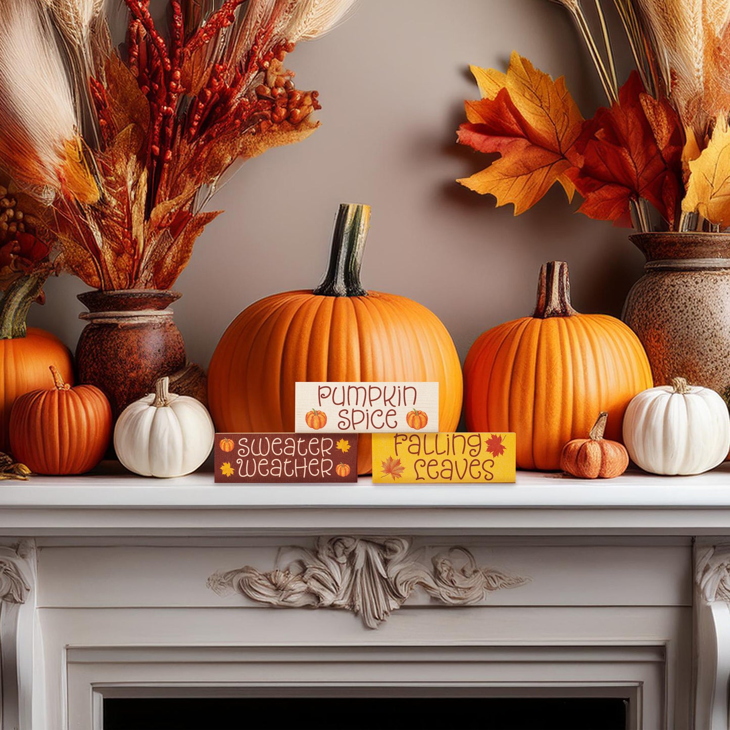 JennyGems Fall Decor, Fall Blocks Signs Pumpkin Spice Fall Decorations, Sweater Weather, Mantel and Tabletop Accents, Fall Tiered Tray Decor Made in USA
