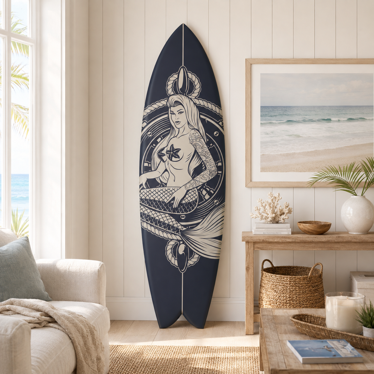 Mermaid Surfboard Wall Art: Weatherproof PVC Beach House Decor, Risque