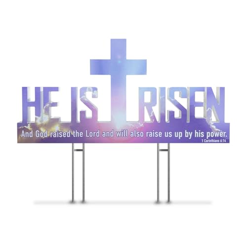 He Is Risen Outdoor Yard Sign – Easter Decorations, Weatherproof PVC with Metal Stakes, 2' x 1', for Yard, Church, or Garden Décor, White