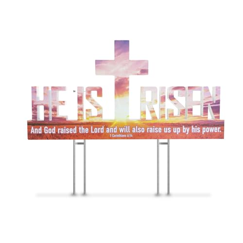 He Is Risen Outdoor Yard Sign – Easter Decorations, Weatherproof PVC with Metal Stakes, 2' x 1', for Yard, Church, or Garden Décor, White