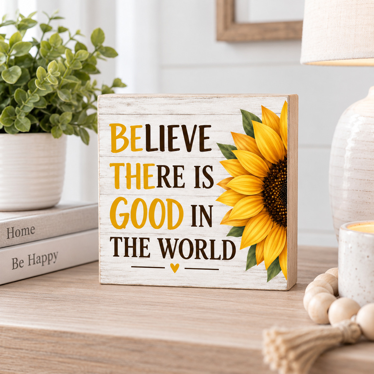 A rectangular wooden sign with a distressed white finish displays the quote 'BELIEVE THERE IS GOOD IN THE WORLD' in dark brown and mustard yellow lettering, next to a large yellow sunflower. The sign is styled on a wooden table in a cozy home setting with a potted plant, books, and a lamp in the background.