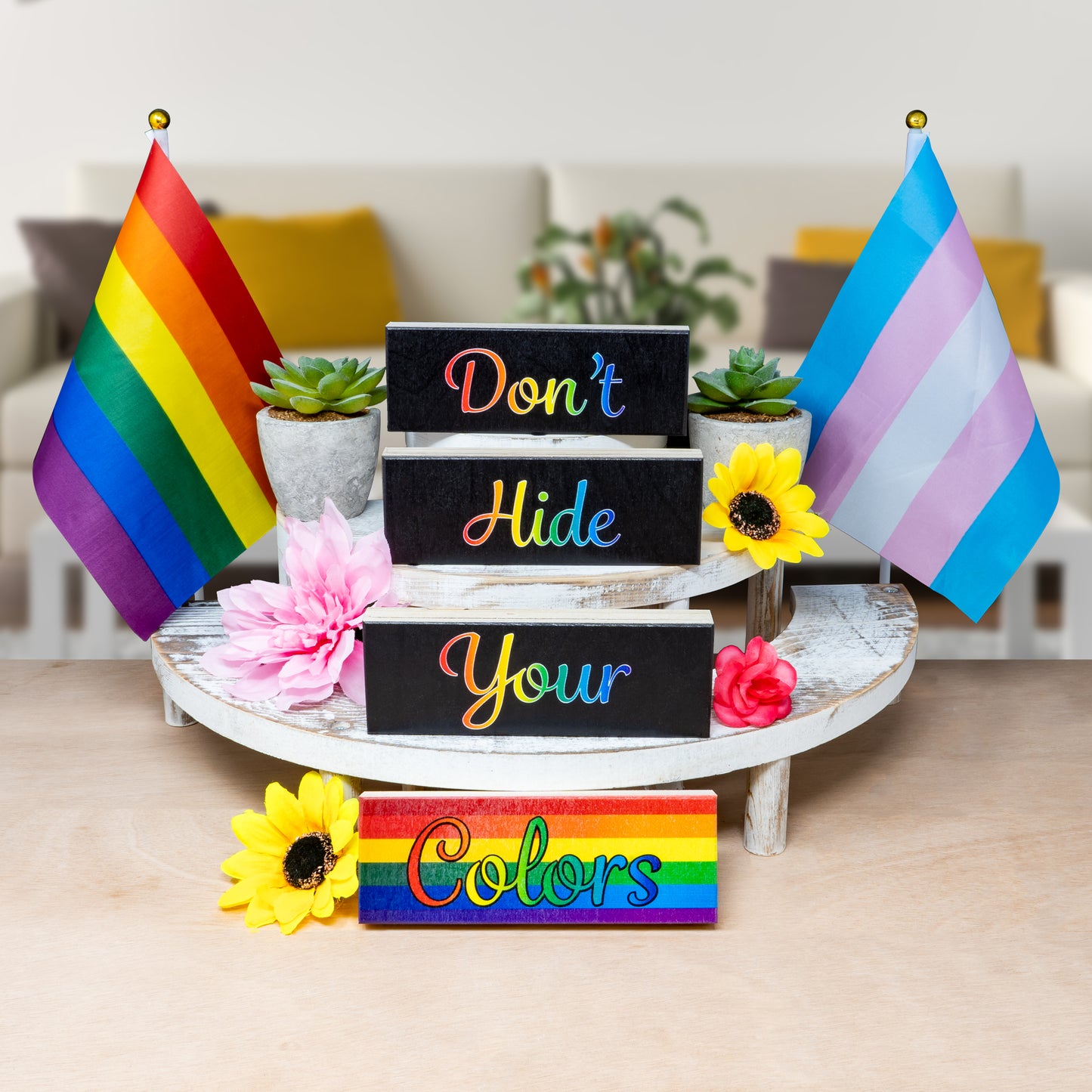 JennyGems LGBT Gifts, Don't Hide Your Colors 4 Piece Wooden Block Set, Pride Rainbow Tiered Tray Decor, LGBTQ Flag, Gay Pride Signs, Made in USA