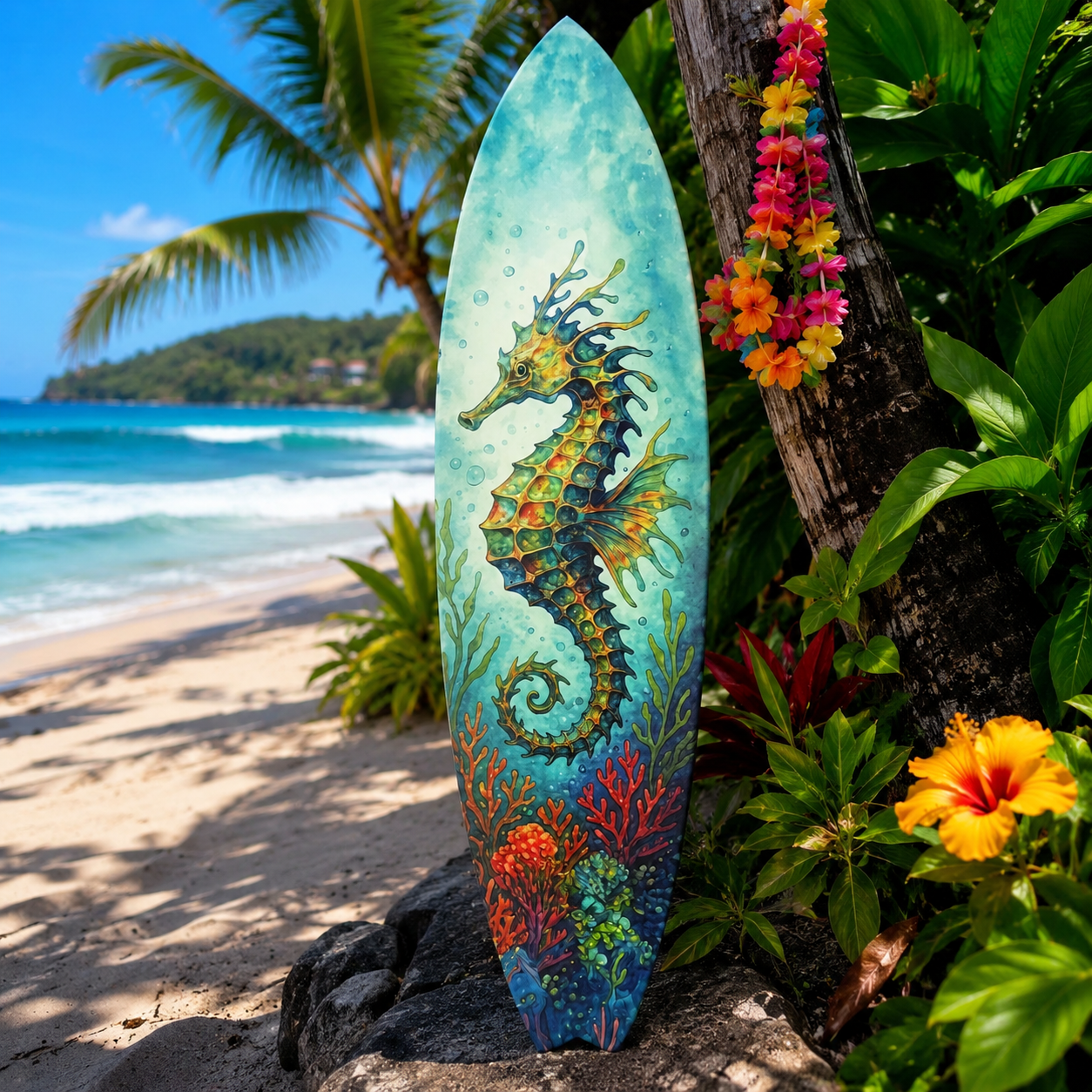 Seahorse Surfboard Wall Art, Coastal PVC Beach Decor, Ocean Theme, 1 FT-5 FT