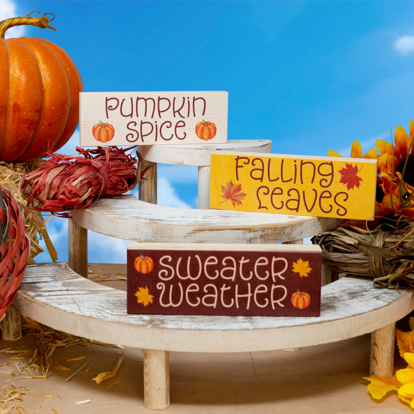 JennyGems Fall Decor, Fall Blocks Signs Pumpkin Spice Fall Decorations, Sweater Weather, Mantel and Tabletop Accents, Fall Tiered Tray Decor Made in USA