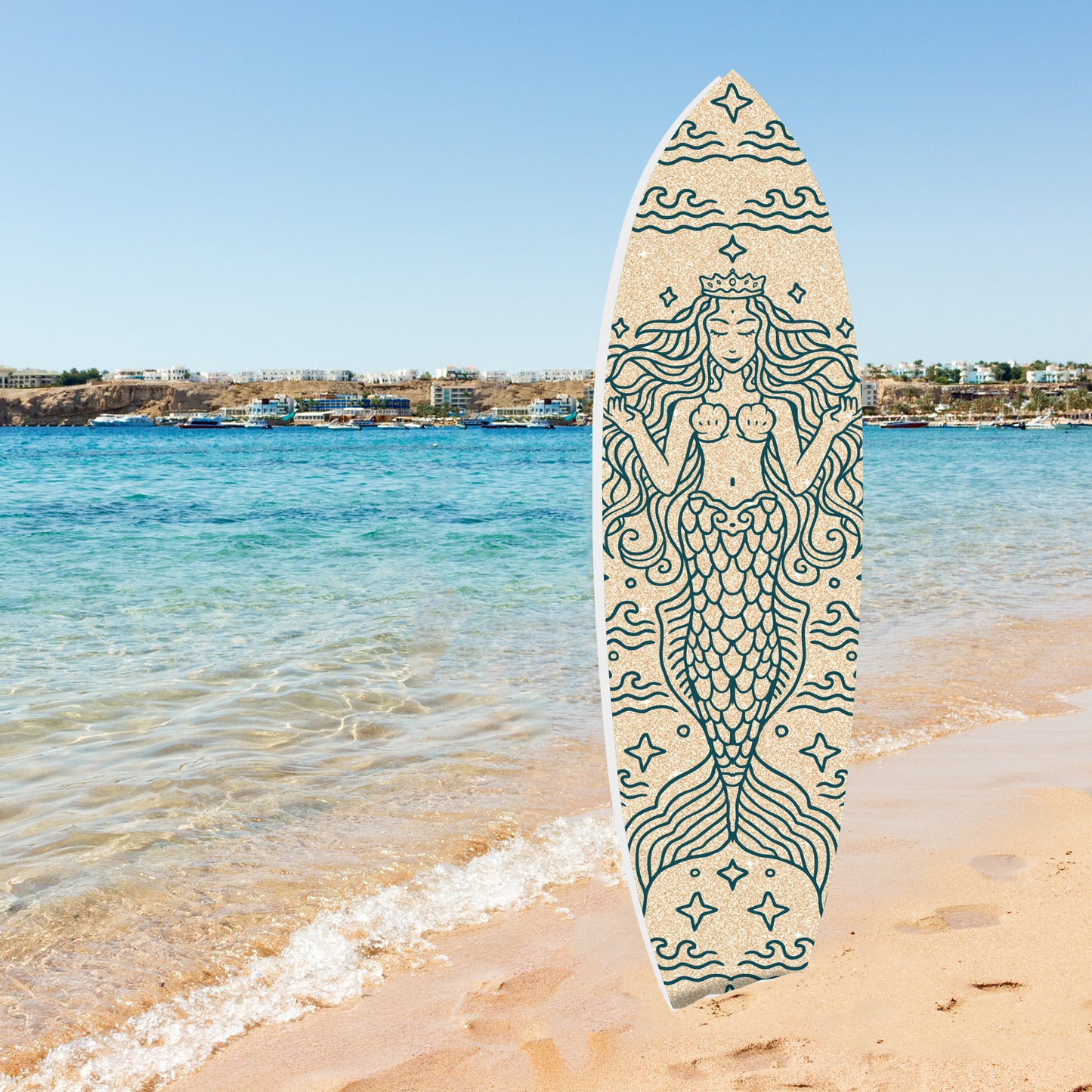 Outdoor Mermaid Surfboard Wall Art – Weatherproof PVC – Coastal Mermaid Sign for Beach House or Pool Area, Sand 3ft