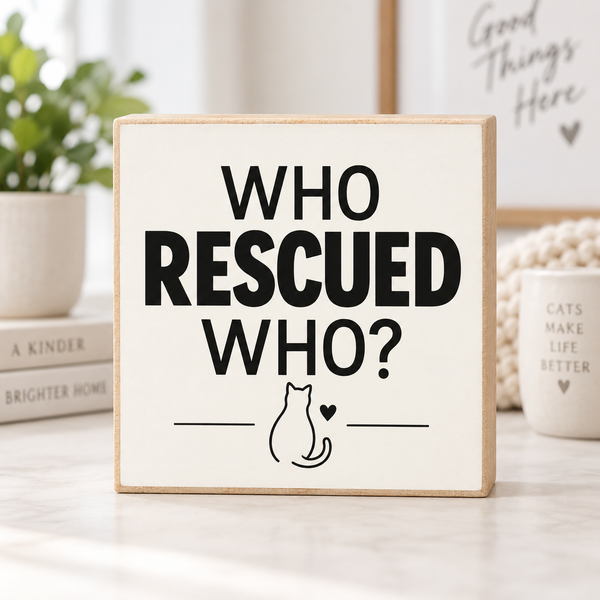 A square wooden sign with a cream face and natural wood edges, printed with the phrase 'WHO RESCUED WHO?' in bold black letters above a simple black cat outline and heart. The sign is displayed on a light marble countertop in a bright, modern room setting.